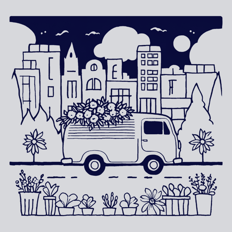 flower-filled van driving through an urban area